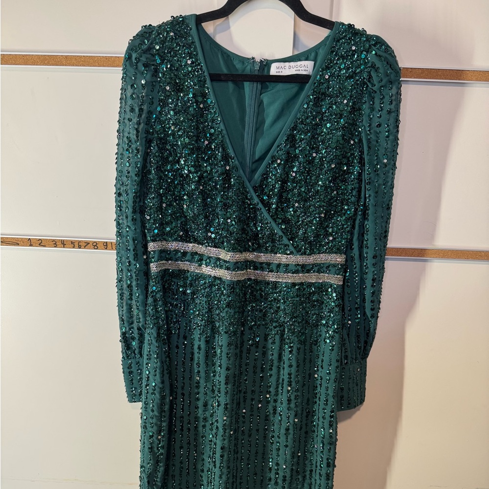 Mac Duggal Emerald Sequin Long Sleeve Dress